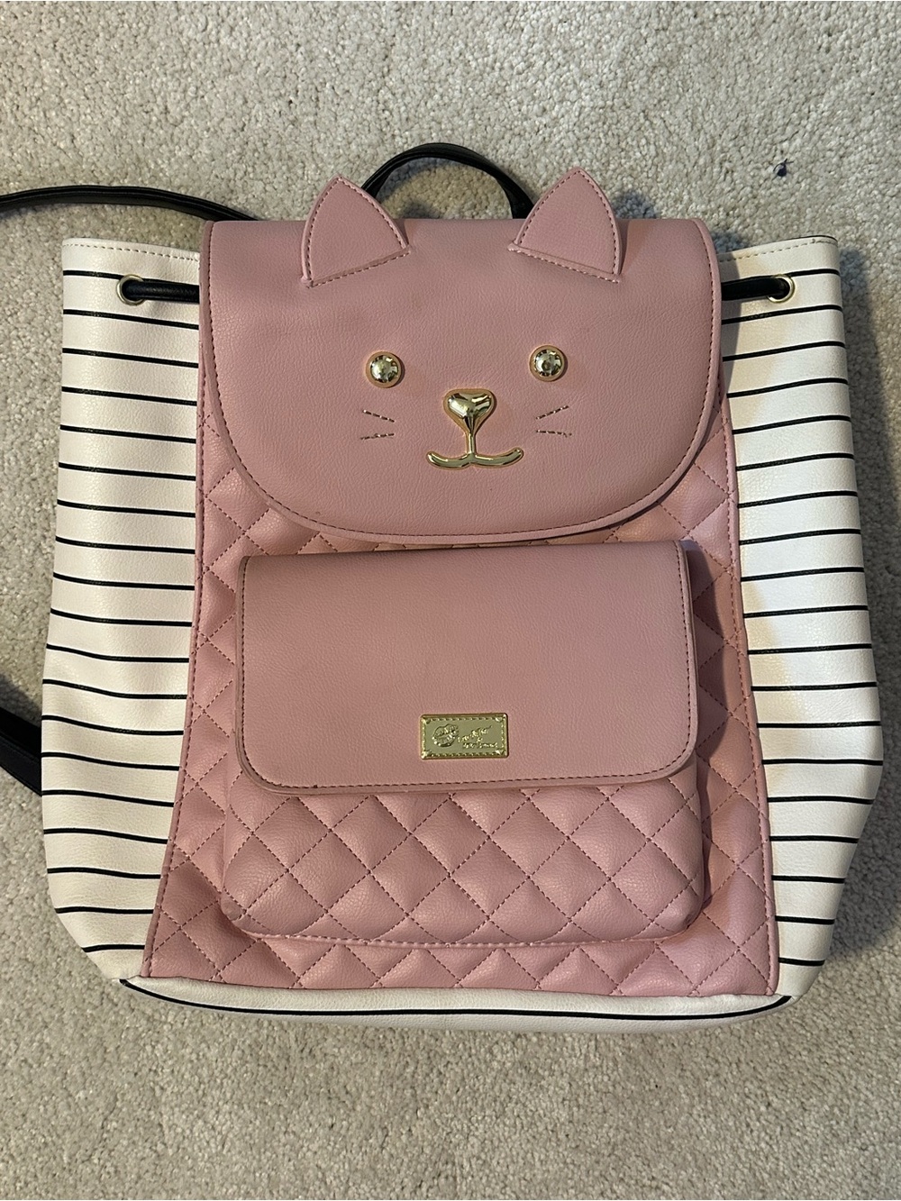 Betsey Johnson Pink Quilted Cat Face Backpack with Black & White Stripes